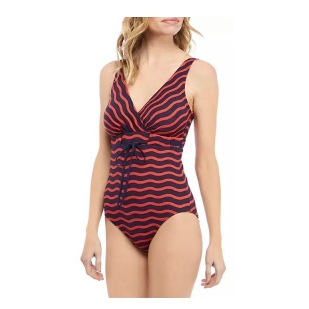 Tommy Bahama Sea Swell V Neck Faux Wrap One Piece Swimsuit, Air Kiss Red size 14